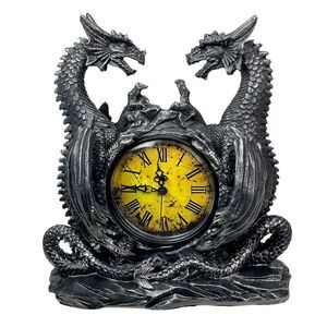 Twin Evil Dragons Antiqued Mantel Clock Table Desk